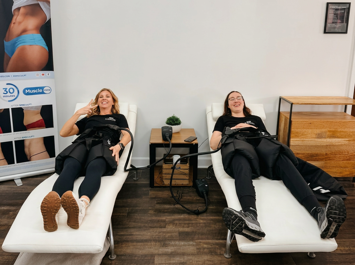 MaxLife clients relaxing with Normatec-style compression boots