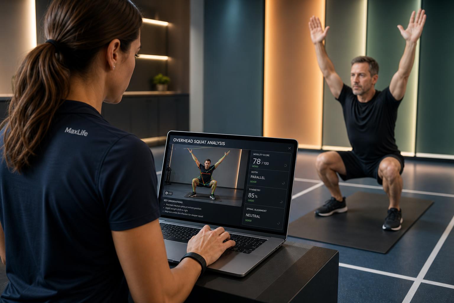 A MaxLife mobility coach reviewing a 3D movement analysis while a client performs an overhead squat assessment